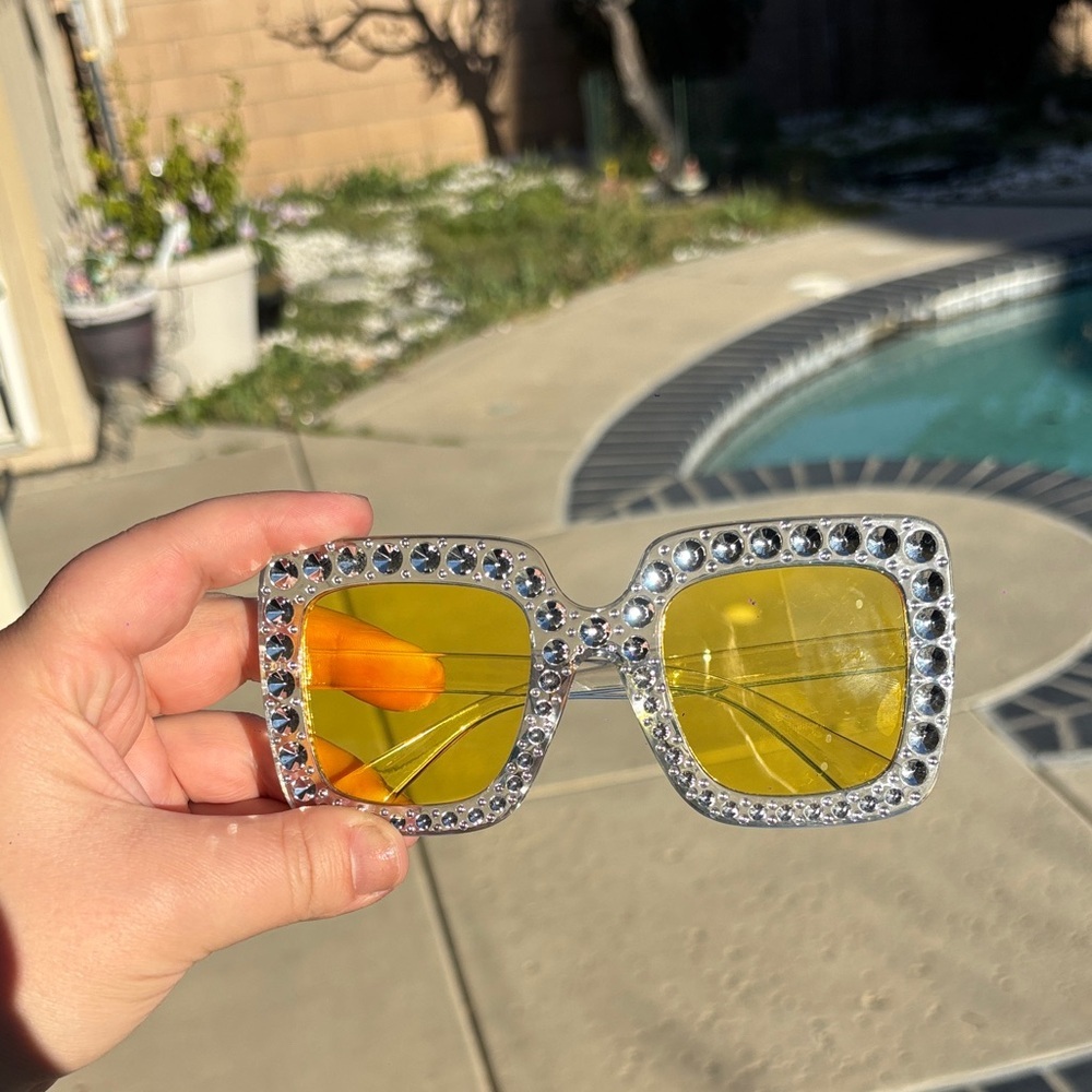 Yellow Lense Embellished Oversized Square Sunglasses